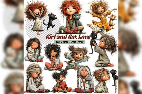 Download Whimsical Girl &amp; Cat Love Clipart Set - Set Collection